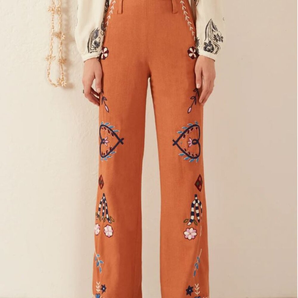 Alix of Bohemia Charlie Sienna Poppy Embroidered Pant, XS, Color Sienna